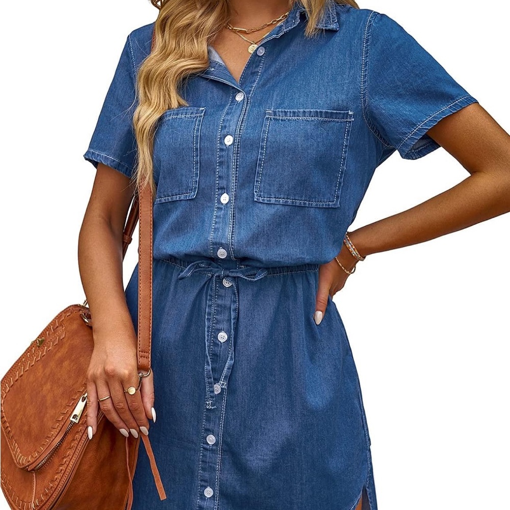 luvamia Women Casual Denim Dress Short Sleeve Tie Waist Classic Jean Shirt Dress